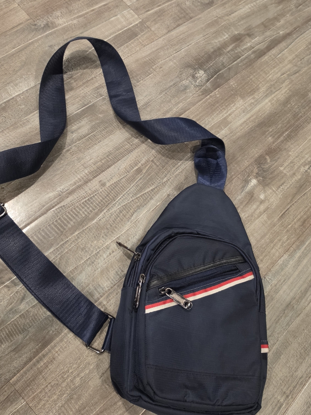 Navy Crossbody Sling Bag with Red-White Stripe